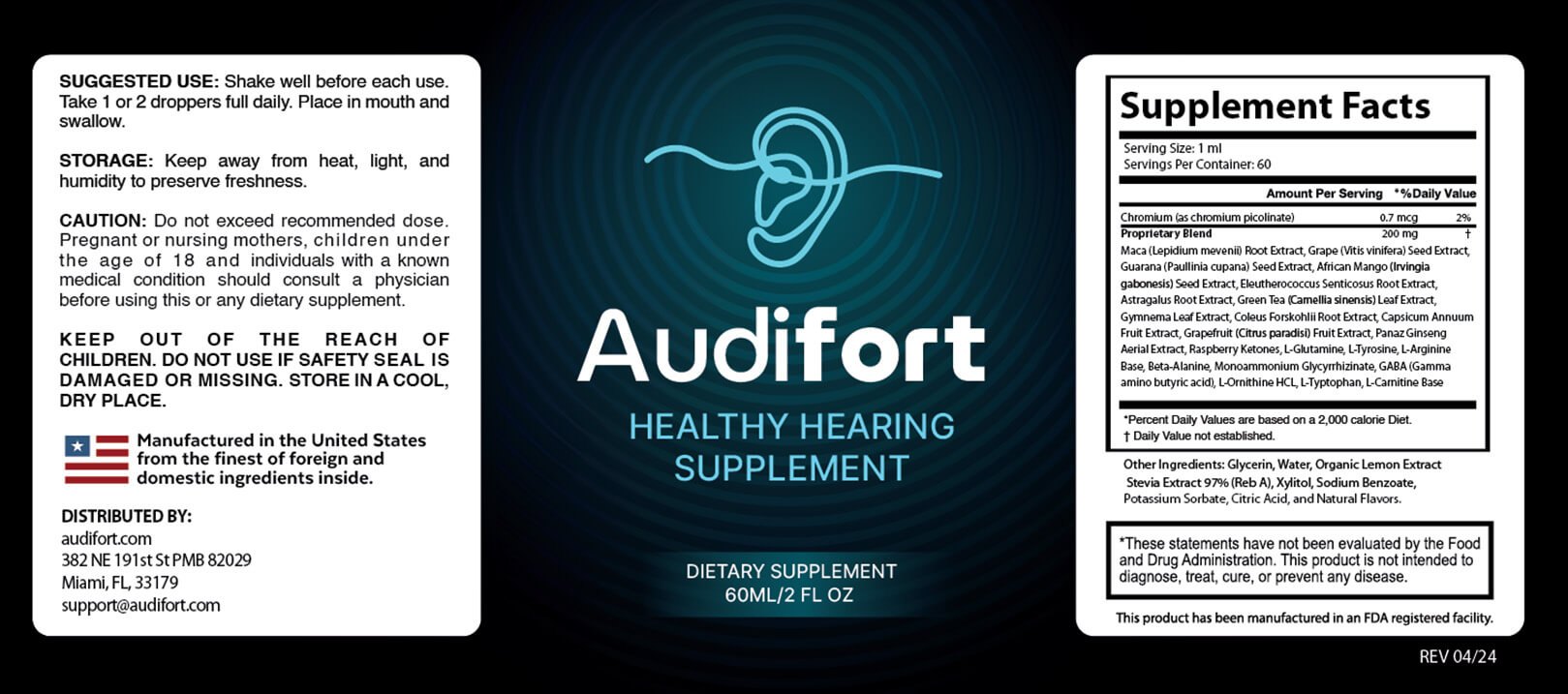 Audifort supplement facts label